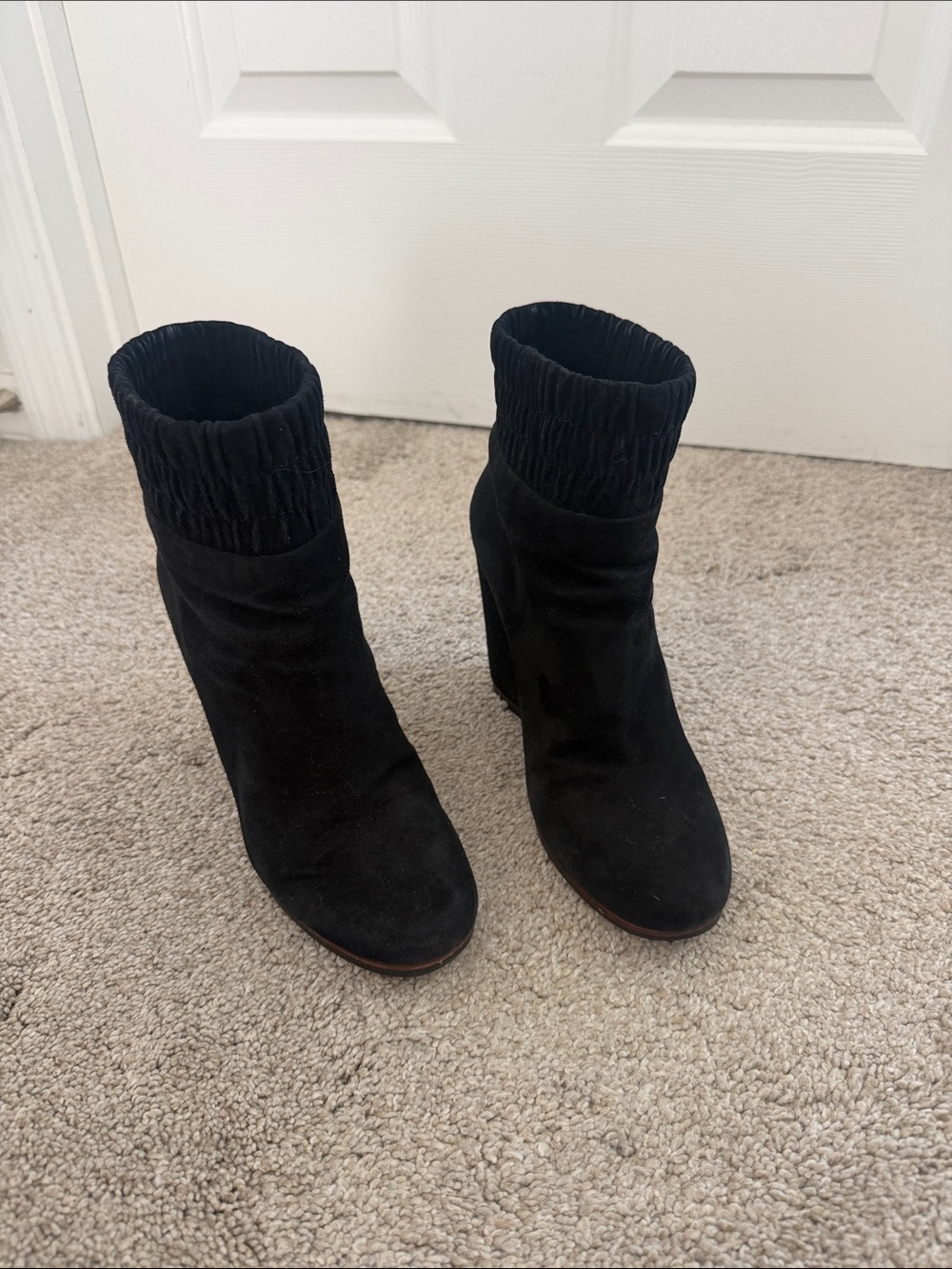 Elizabeth and James Black Suede Scrunched Cuff Heeled Ankle Boots